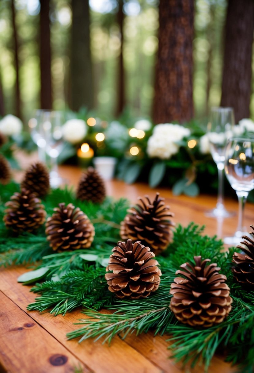 Pinecones scattered among greenery on a forest-themed wedding table