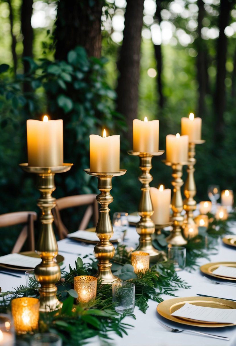 Golden candle holders arranged on a forest wedding table, surrounded by lush greenery and soft candlelight