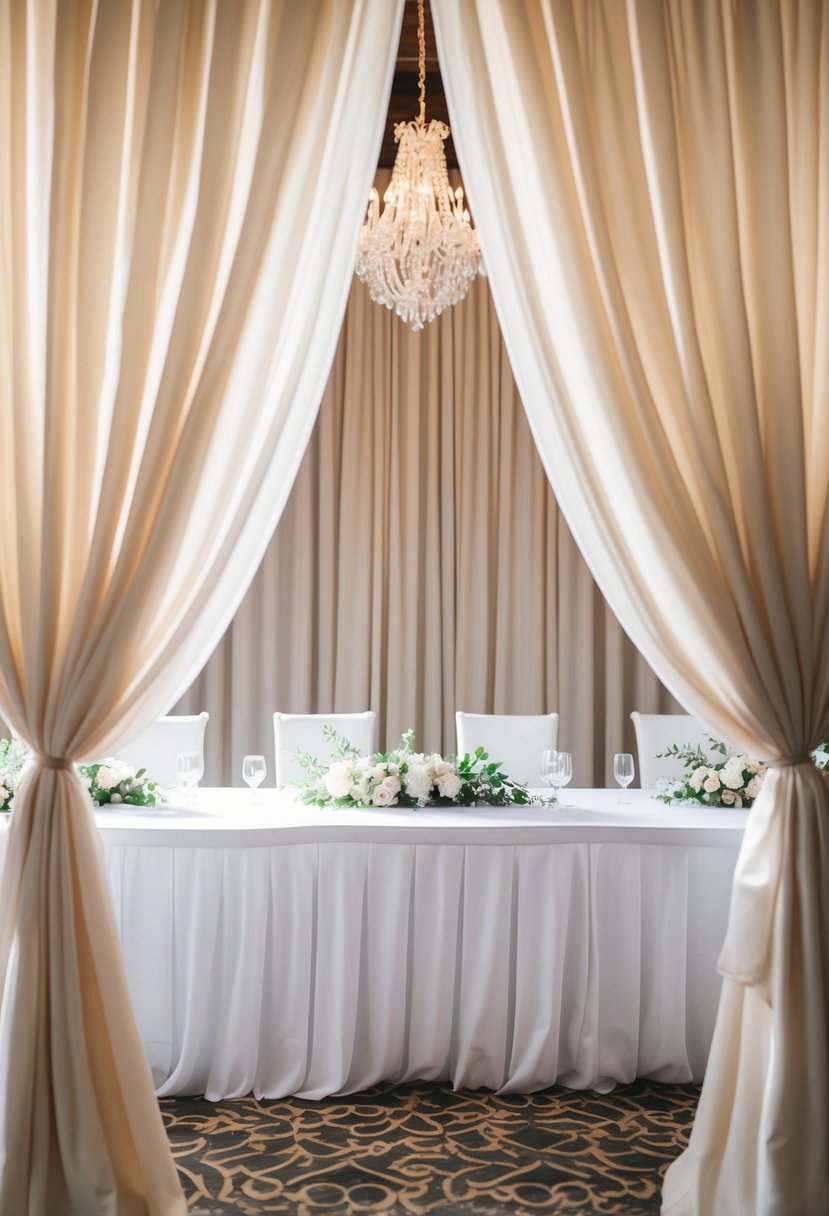 Soft, flowing fabrics drape behind a wedding table, creating an elegant and romantic backdrop for the entrance