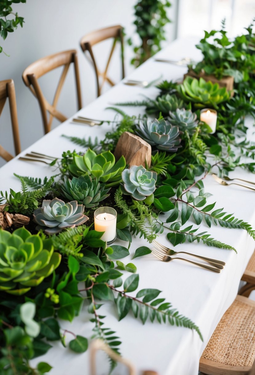 A table adorned with lush greenery, succulents, and ferns. Elegantly draped with ivy and accented with natural wood elements