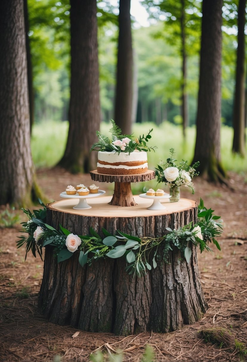 A rustic tree stump dessert stand adorned with greenery and flowers, set amidst a forest clearing for a whimsical wedding table decoration