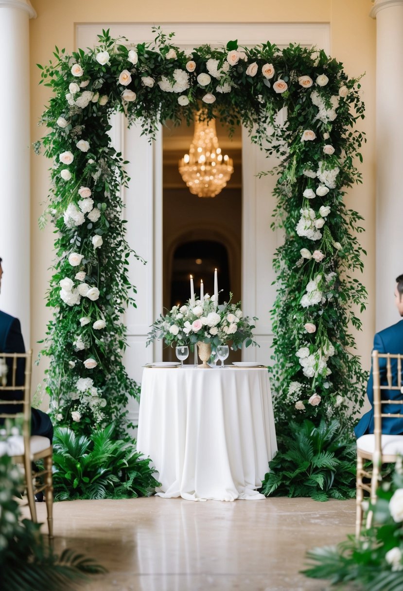 Lush floral garlands drape the entrance to a wedding table, creating an elegant and romantic atmosphere