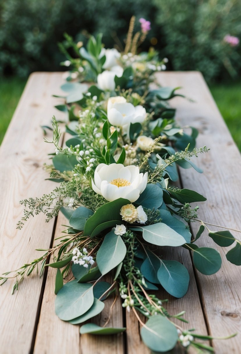 A rustic wooden table adorned with eucalyptus and wildflower mix greenery, interspersed with delicate blooms and foliage