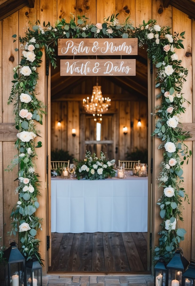 A rustic wooden entrance adorned with personalized wedding signs leads to a beautifully decorated wedding table with floral centerpieces and elegant tableware