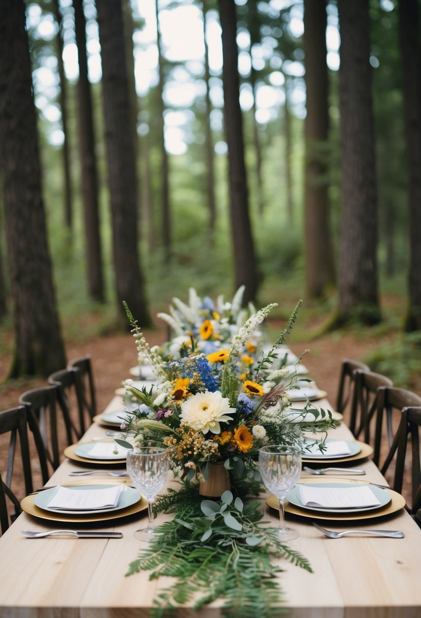 A forest table adorned with elegant wildflower bouquets, creating a whimsical and romantic atmosphere for a wedding celebration