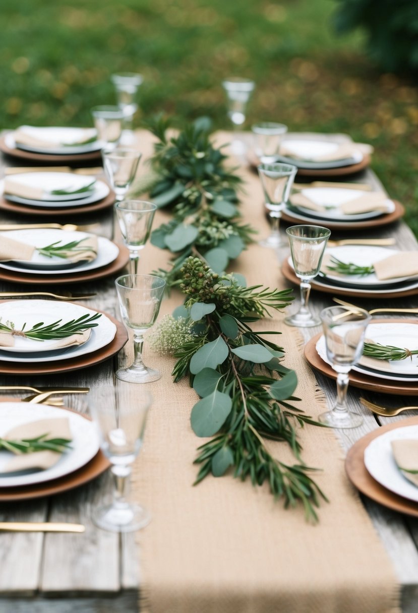 A rustic table set with burlap runners and scattered greenery