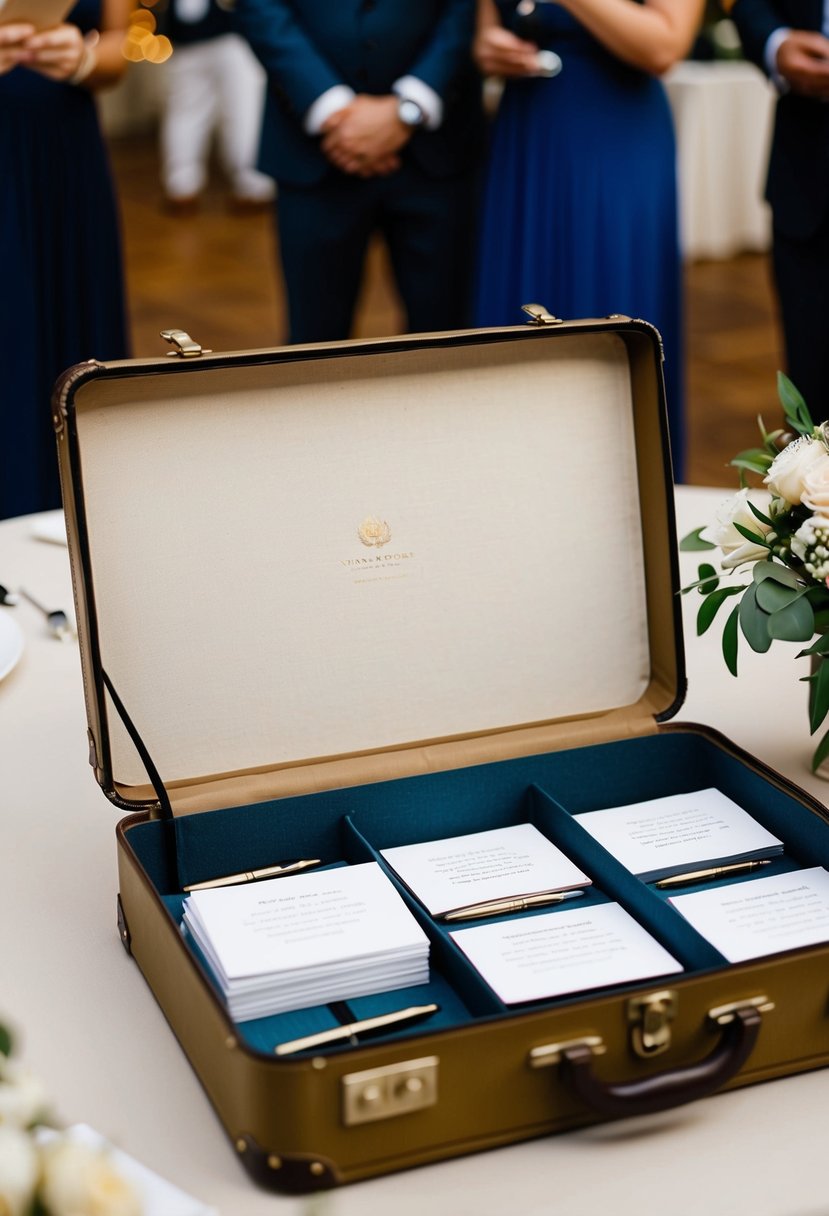 A vintage suitcase sits open on a table, filled with blank cards and pens for guests to leave messages at a wedding reception