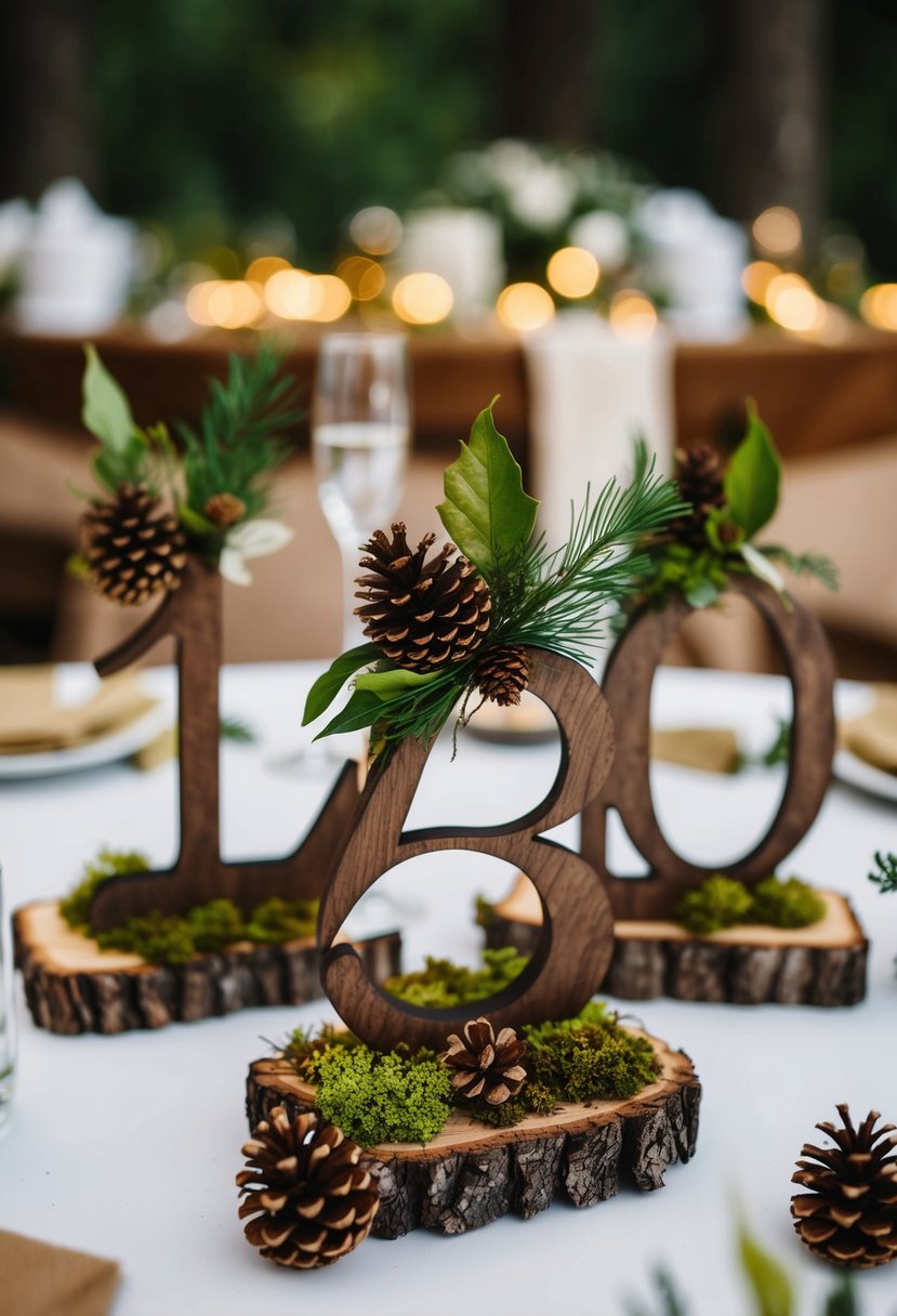 A set of rustic table numbers made of wood and adorned with forest-inspired elements such as leaves, pinecones, and moss, creating a woodland ambiance for a wedding reception