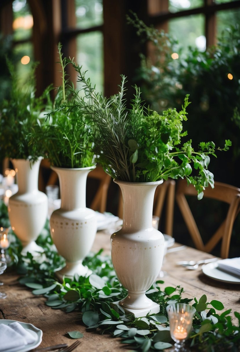 Vintage vases hold herb arrangements on a rustic wedding table, surrounded by greenery