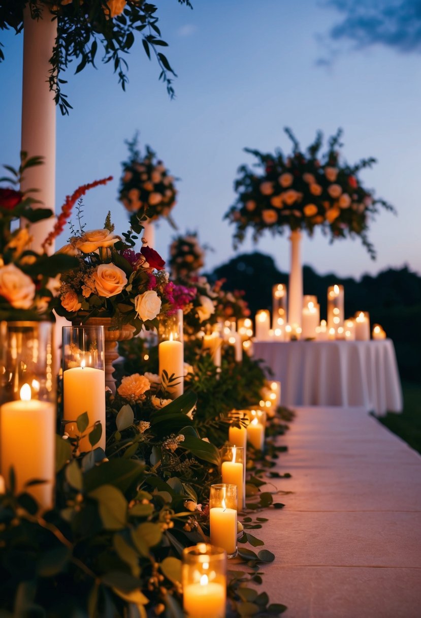 A candlelit pathway leads to a wedding table adorned with floral arrangements and glowing candles