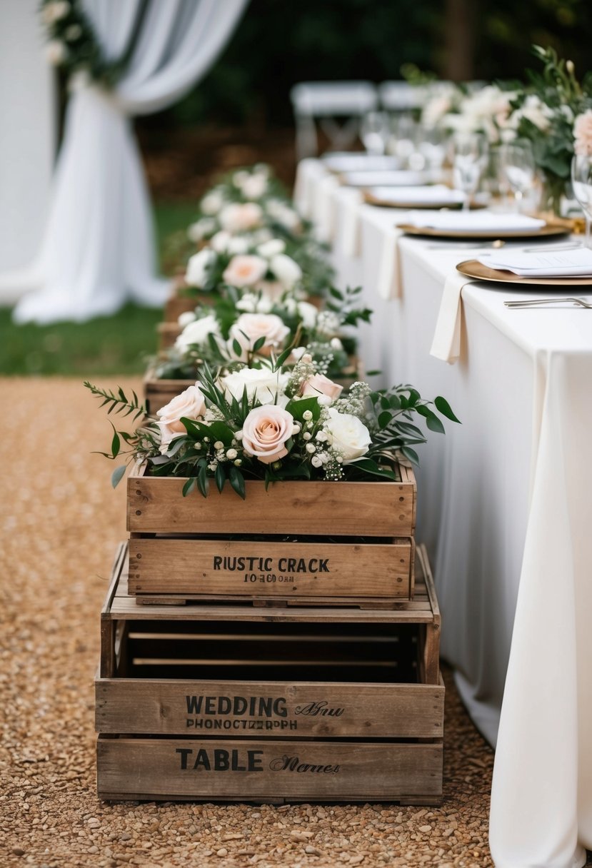 Rustic wooden crates adorned with flowers line the entrance to a wedding table