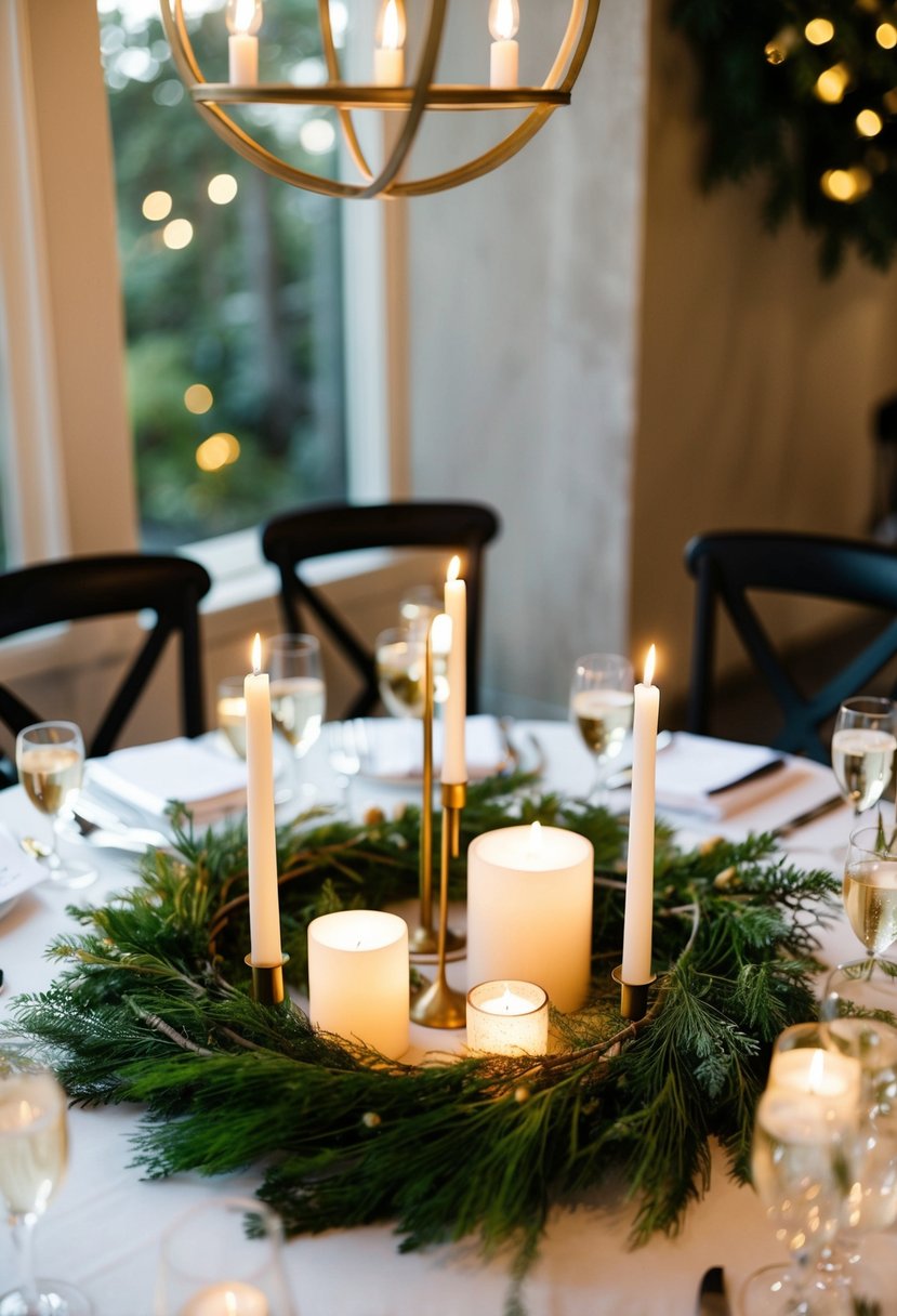 A table adorned with greenery hoops and candles, creating an elegant and natural wedding centerpiece