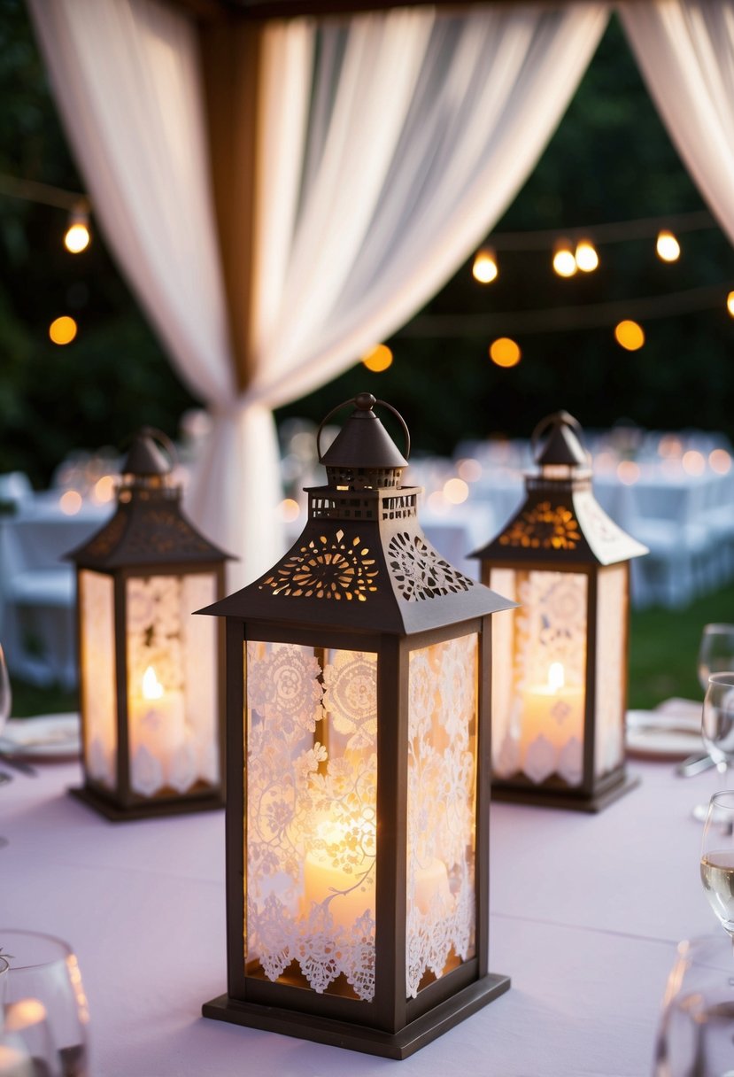 Lace-draped lanterns adorn a wedding table entrance, casting a soft, romantic glow