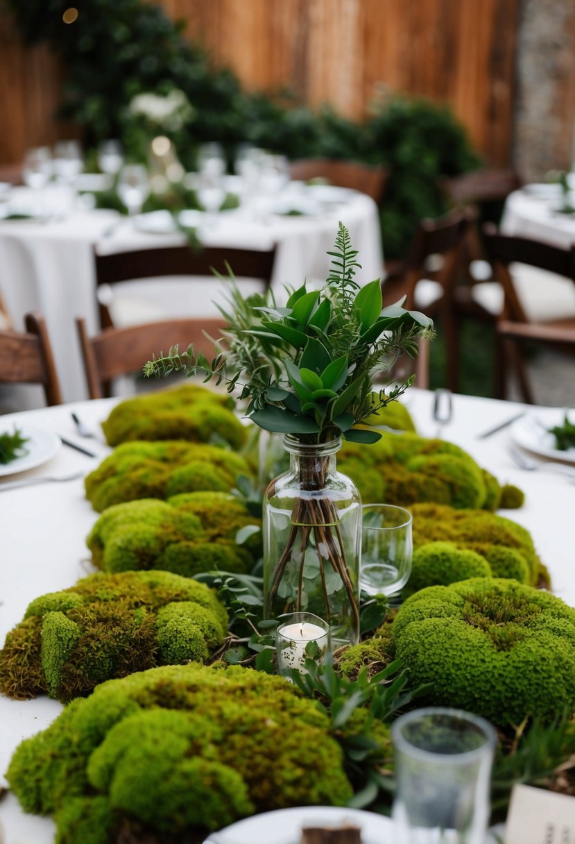 A rustic wedding table adorned with lush green moss and natural greenery