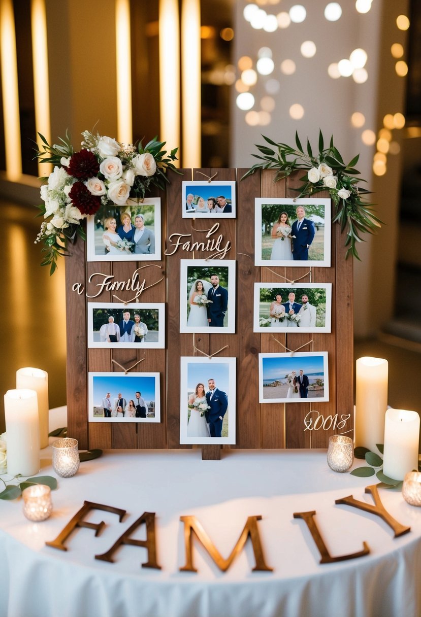 A wooden board with family photos, flowers, and candles, displayed on an entrance wedding table