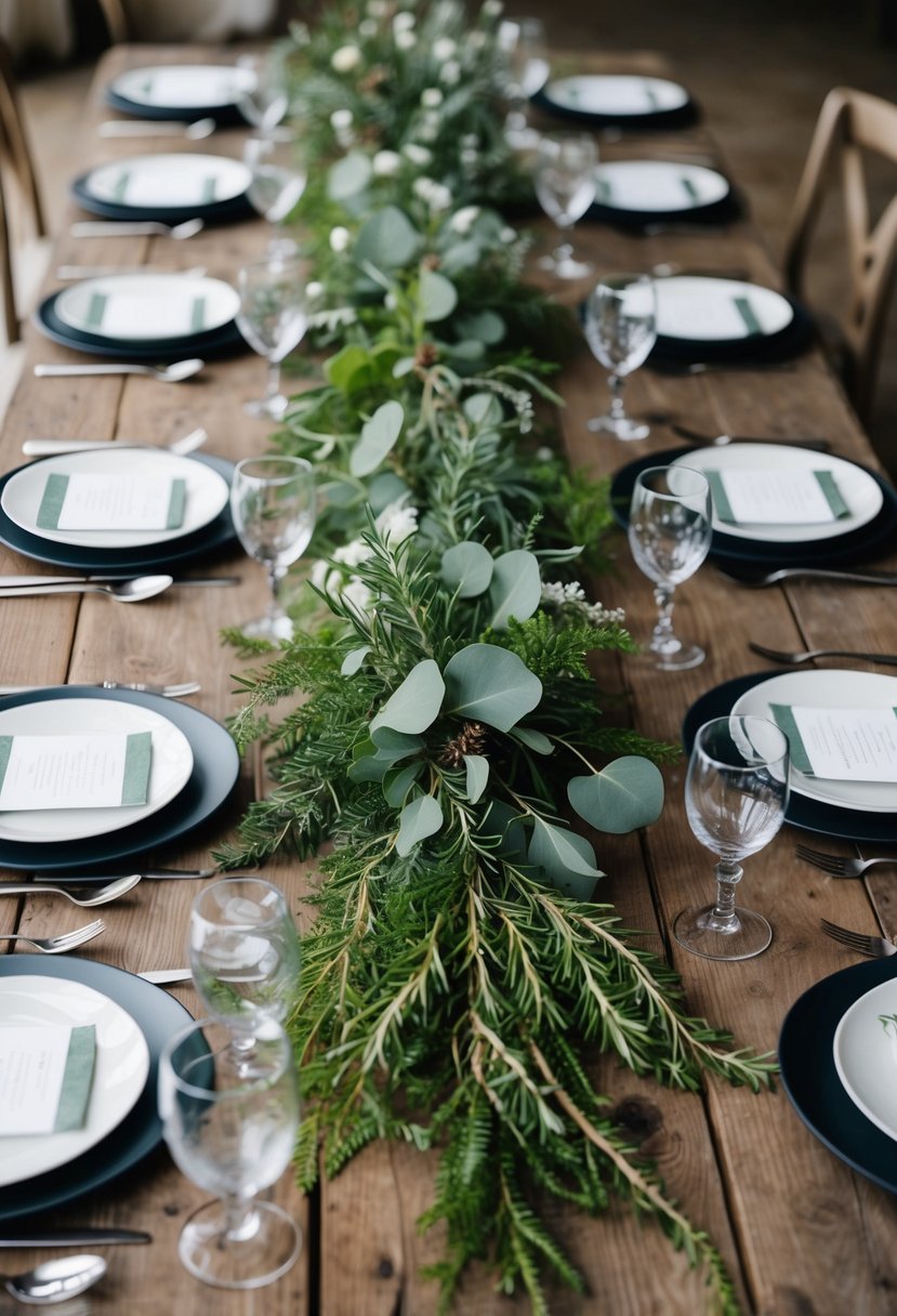 A rustic wooden table adorned with rosemary-infused greenery settings, including eucalyptus, ferns, and other foliage, creating an elegant and natural wedding table decoration