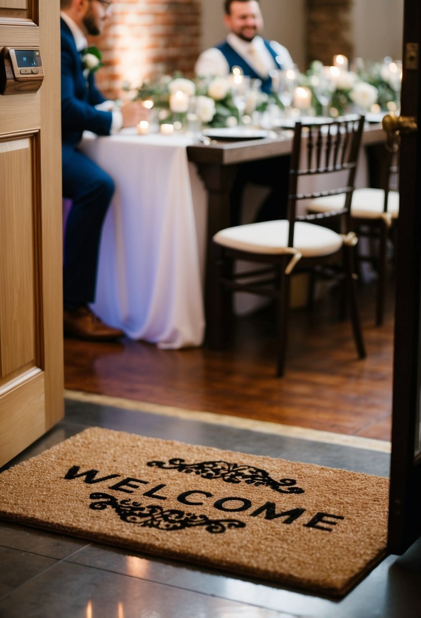 A monogrammed welcome mat lies at the entrance to a wedding reception, serving as a unique table decoration idea