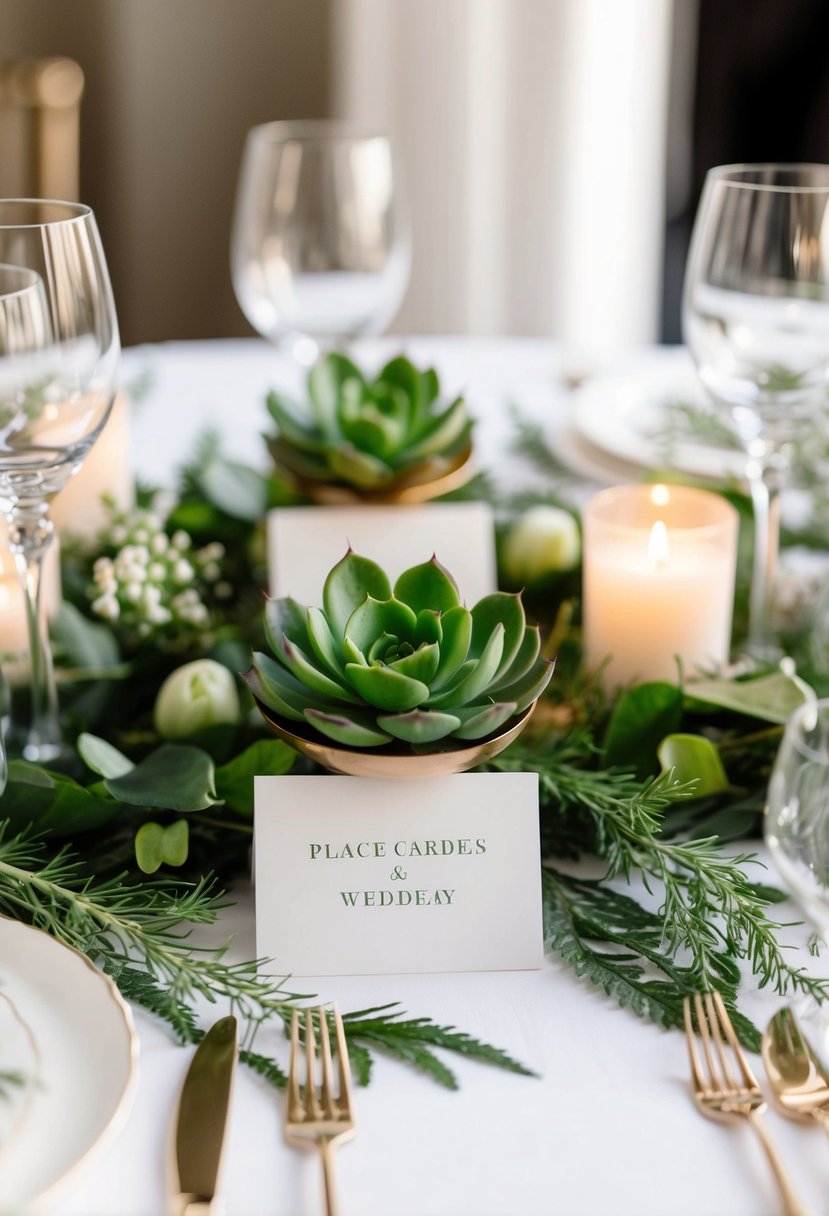 Lush green succulent place card holders adorn a wedding table, surrounded by delicate greenery and elegant decor