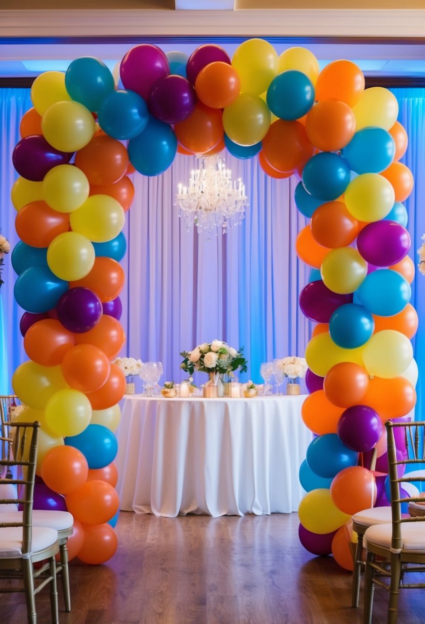 A colorful balloon arch frames the entrance to a wedding reception, creating a whimsical and festive atmosphere