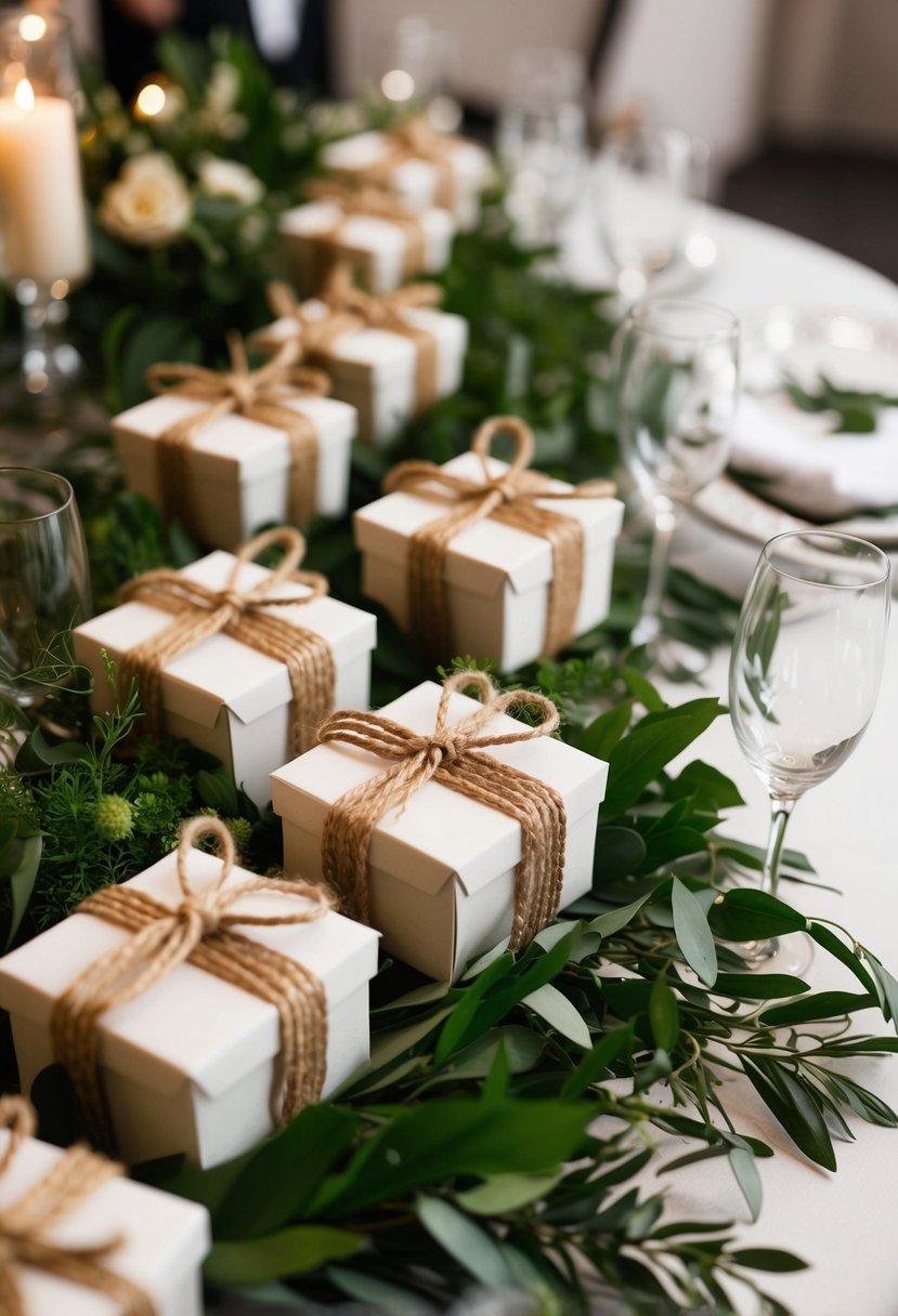 Twine-wrapped favor boxes nestled among lush greenery on a wedding reception table