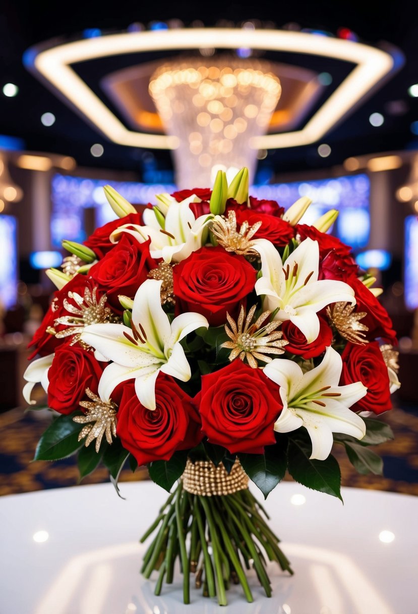 A vibrant bouquet of red roses, white lilies, and shimmering gold accents, set against a backdrop of glittering casino lights and a sleek, modern wedding chapel