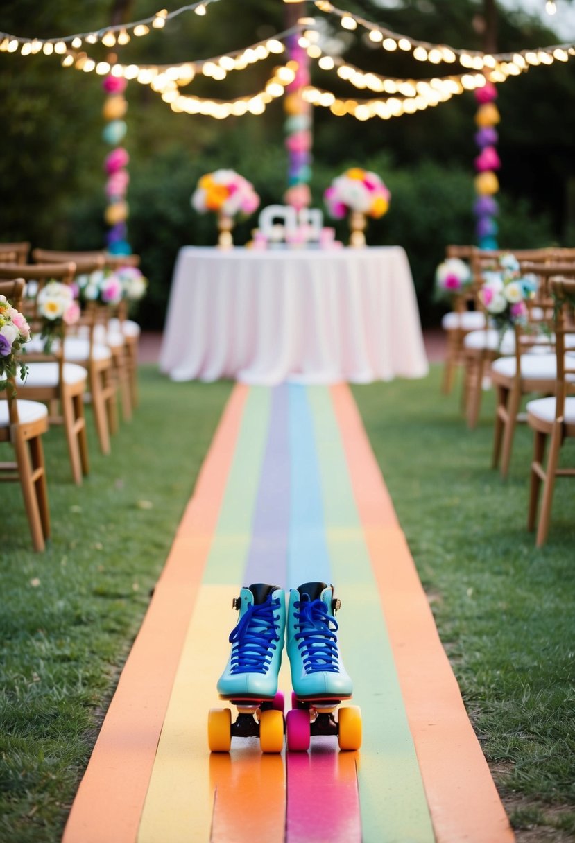 A colorful, retro roller skate path leads to a whimsical wedding table entrance, adorned with flowers and twinkling lights