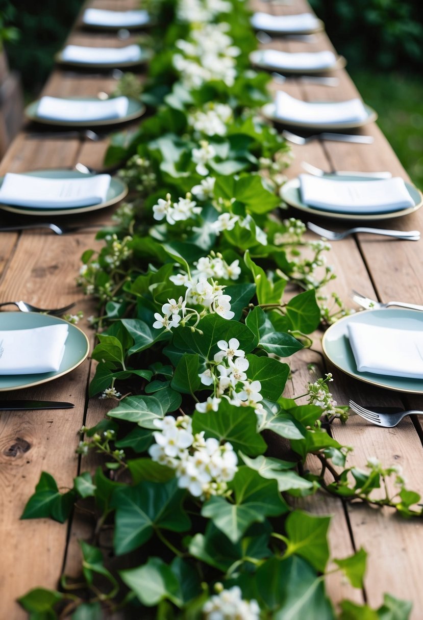 Lush ivy cascades down the length of rustic wooden table runners, interwoven with delicate white blooms and trailing greenery