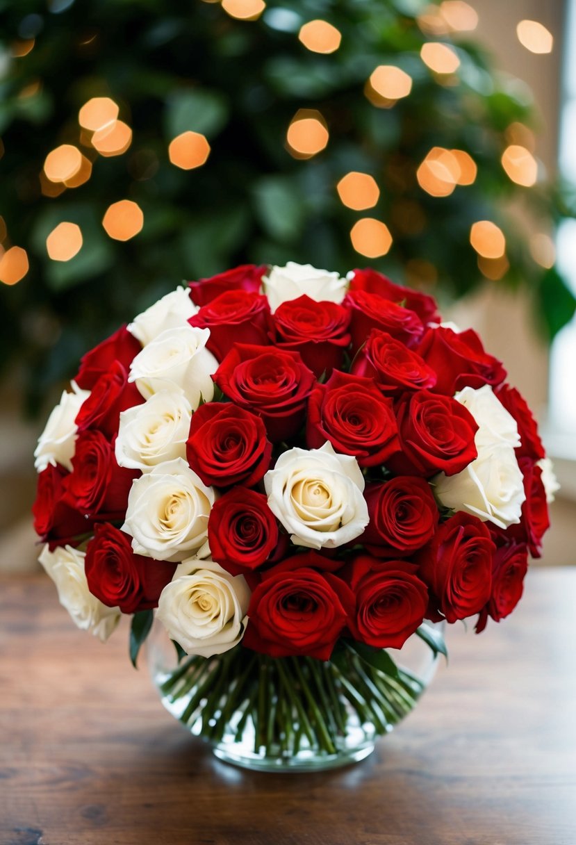 A lush bouquet of red and white roses arranged in a classic, elegant style