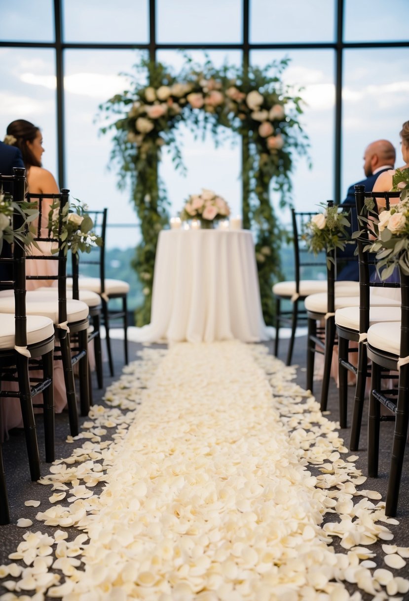 A flower petal aisle leads to a wedding table with a centerpiece of cascading blooms and foliage