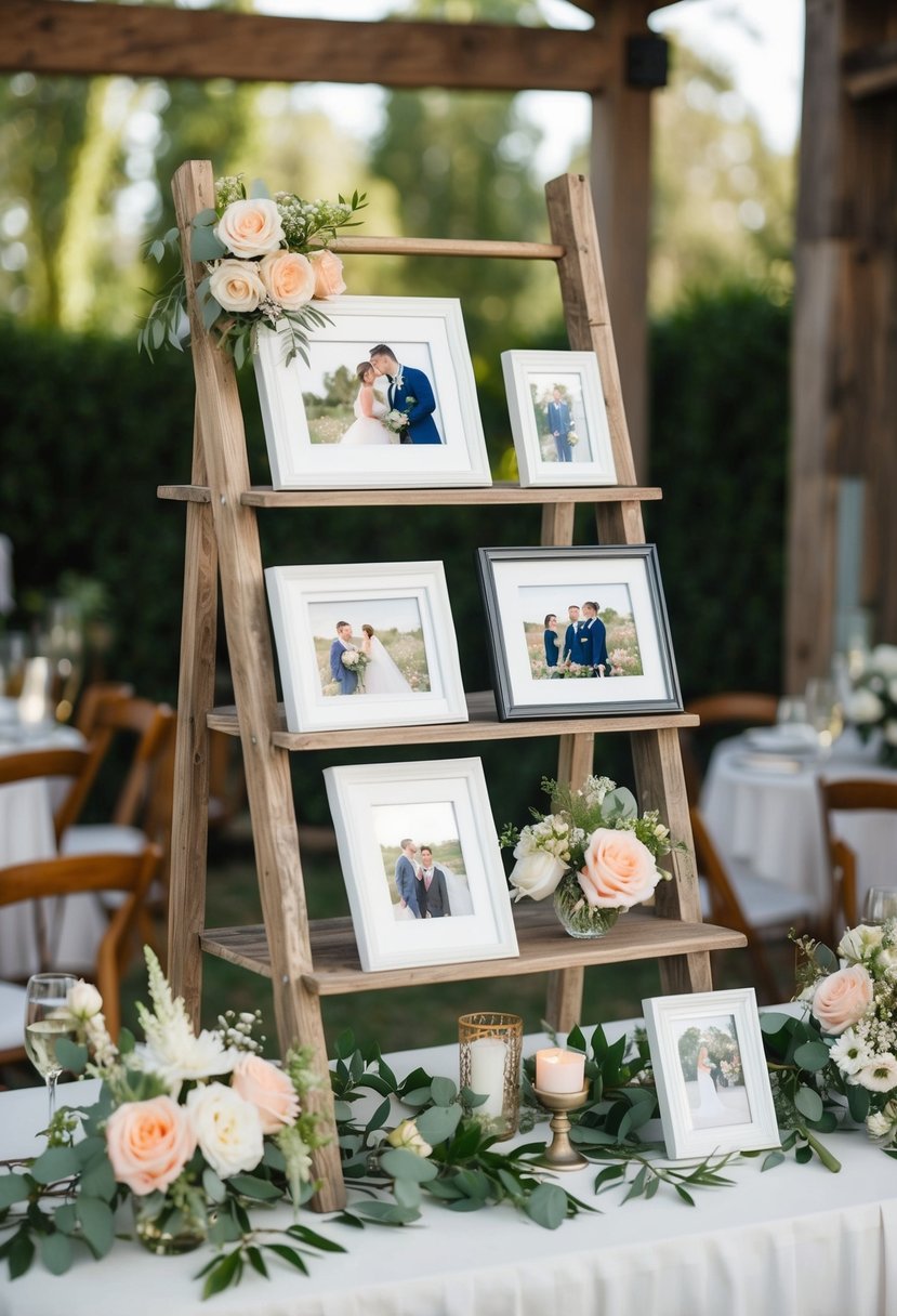 A rustic ladder shelf adorned with framed photos and flowers, serving as a charming entrance table decoration for a wedding