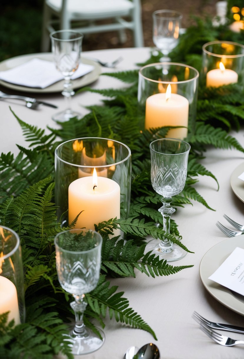 A table set with lucite candle holders adorned with lush green ferns for a wedding centerpiece