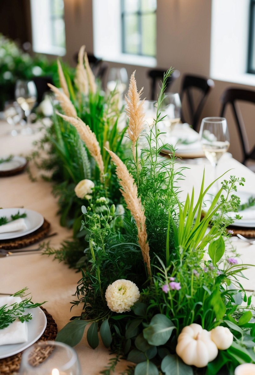 Lush, vibrant herb and wild grass centerpieces adorn a wedding table, creating a natural and elegant atmosphere