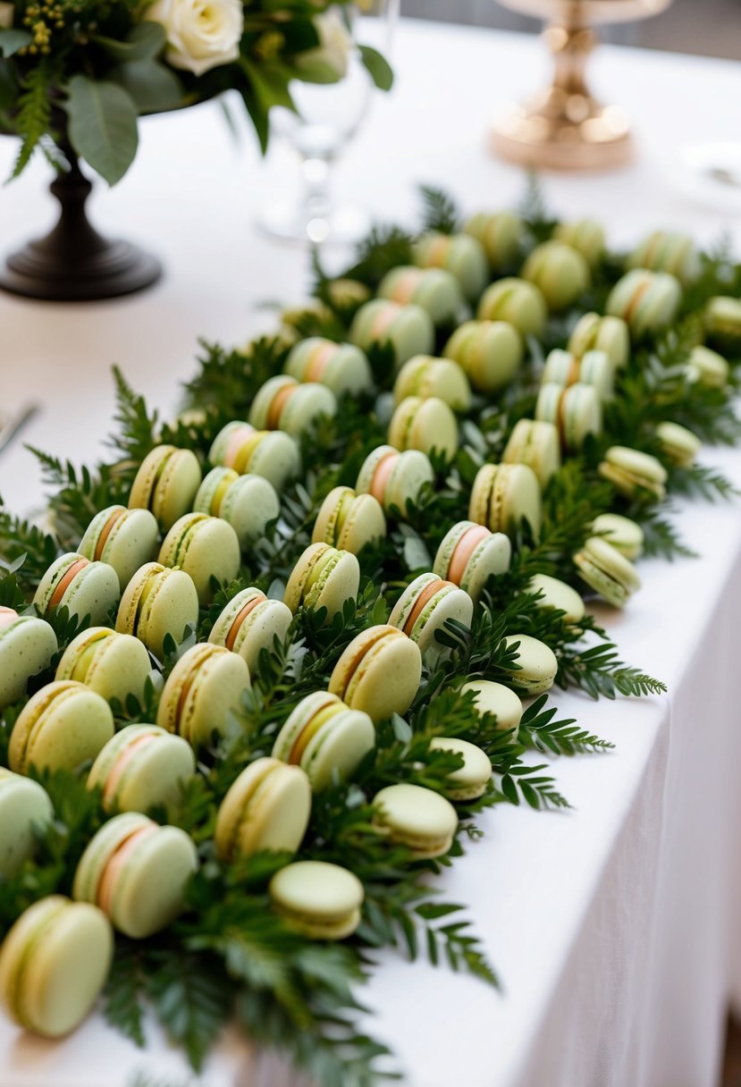 A table adorned with greenery-themed macarons arranged in a decorative display for a wedding celebration