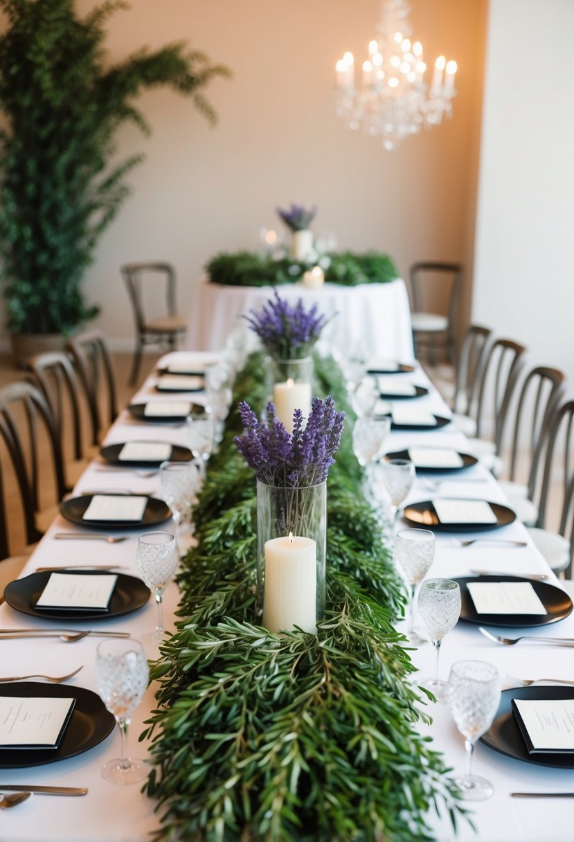 A table adorned with boxwood and lavender arrangements, creating a lush and elegant wedding centerpiece