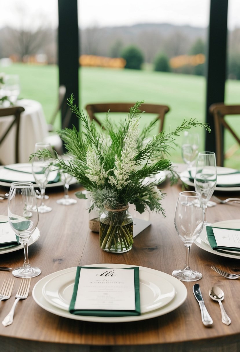 A table set with lambs ear greenery as wedding decorations