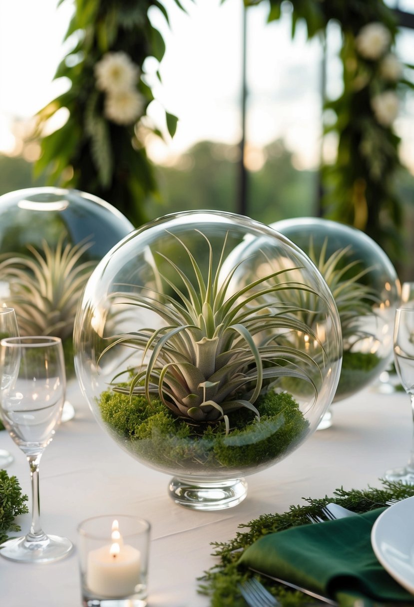 Lush air plants inside clear glass orbs adorn a wedding table, adding a touch of natural elegance to the decor