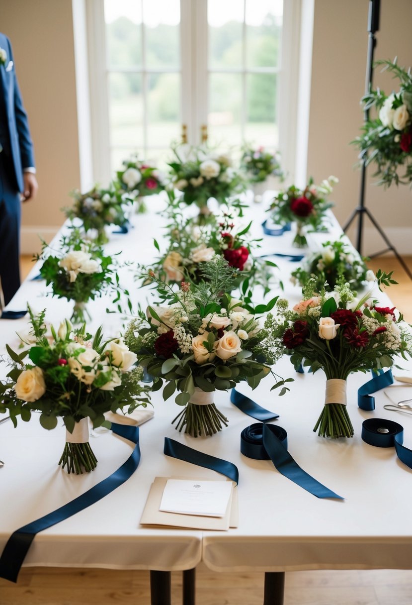 A table with various floral arrangements, ribbons, and greenery laid out for a groom to choose from for his wedding bouquet