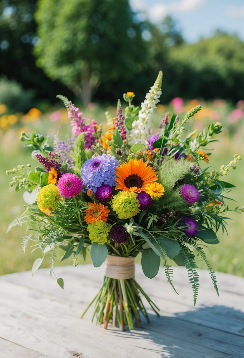 A vibrant wildflower arrangement, inspired by a garden, with a mix of colorful blooms and greenery, arranged in a loose and natural style for a wedding bouquet