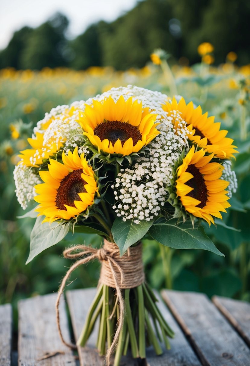 A rustic bouquet of sunflowers and baby's breath tied with twine