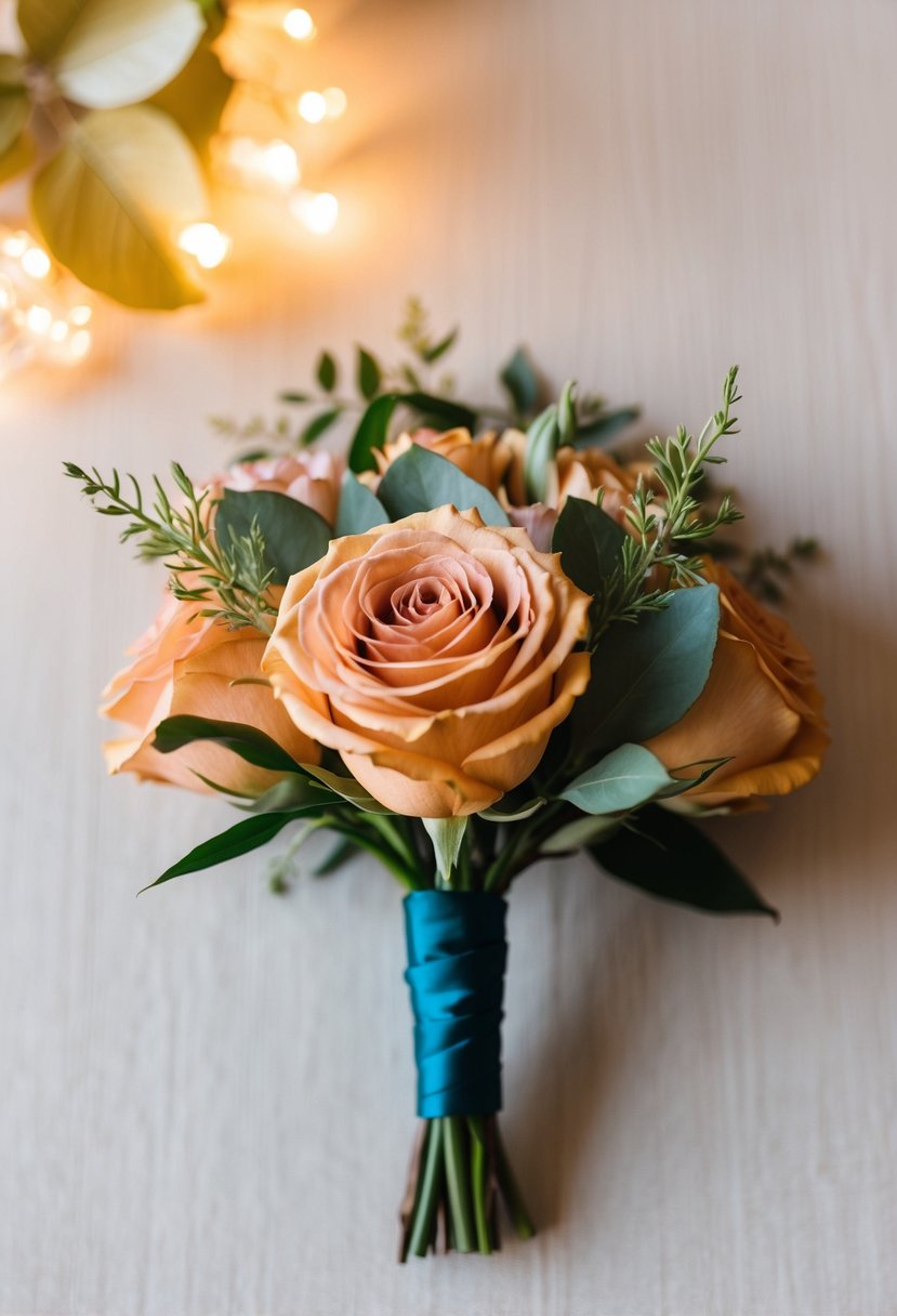 A boutonnière featuring warm-toned roses and foliage, set against a romantic background with soft lighting