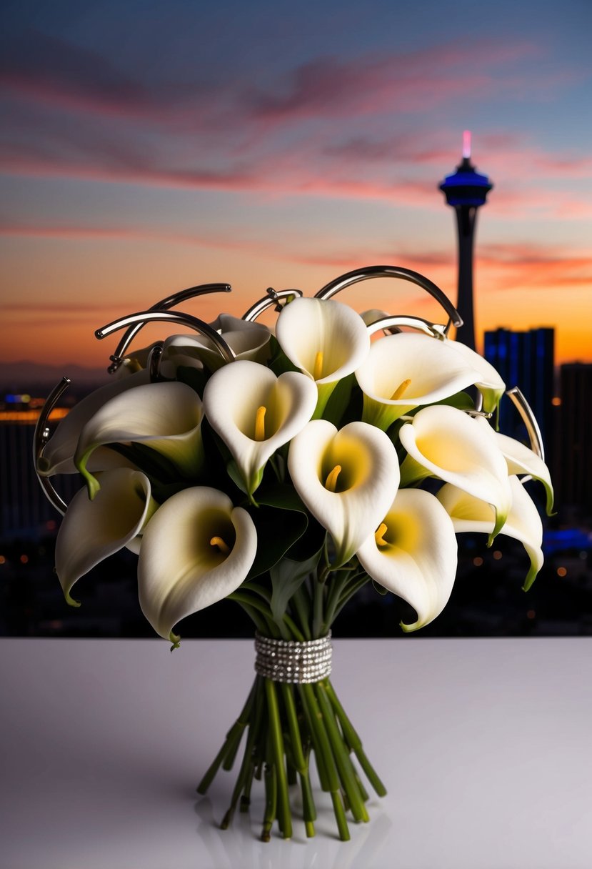 A sleek, modern bouquet of calla lilies and metallic accents, set against the backdrop of the Las Vegas skyline at sunset