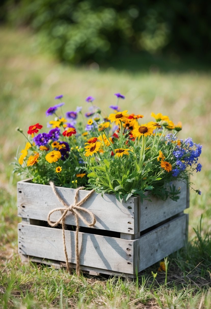 A weathered wooden crate overflows with colorful wildflowers, tied with a simple twine bow