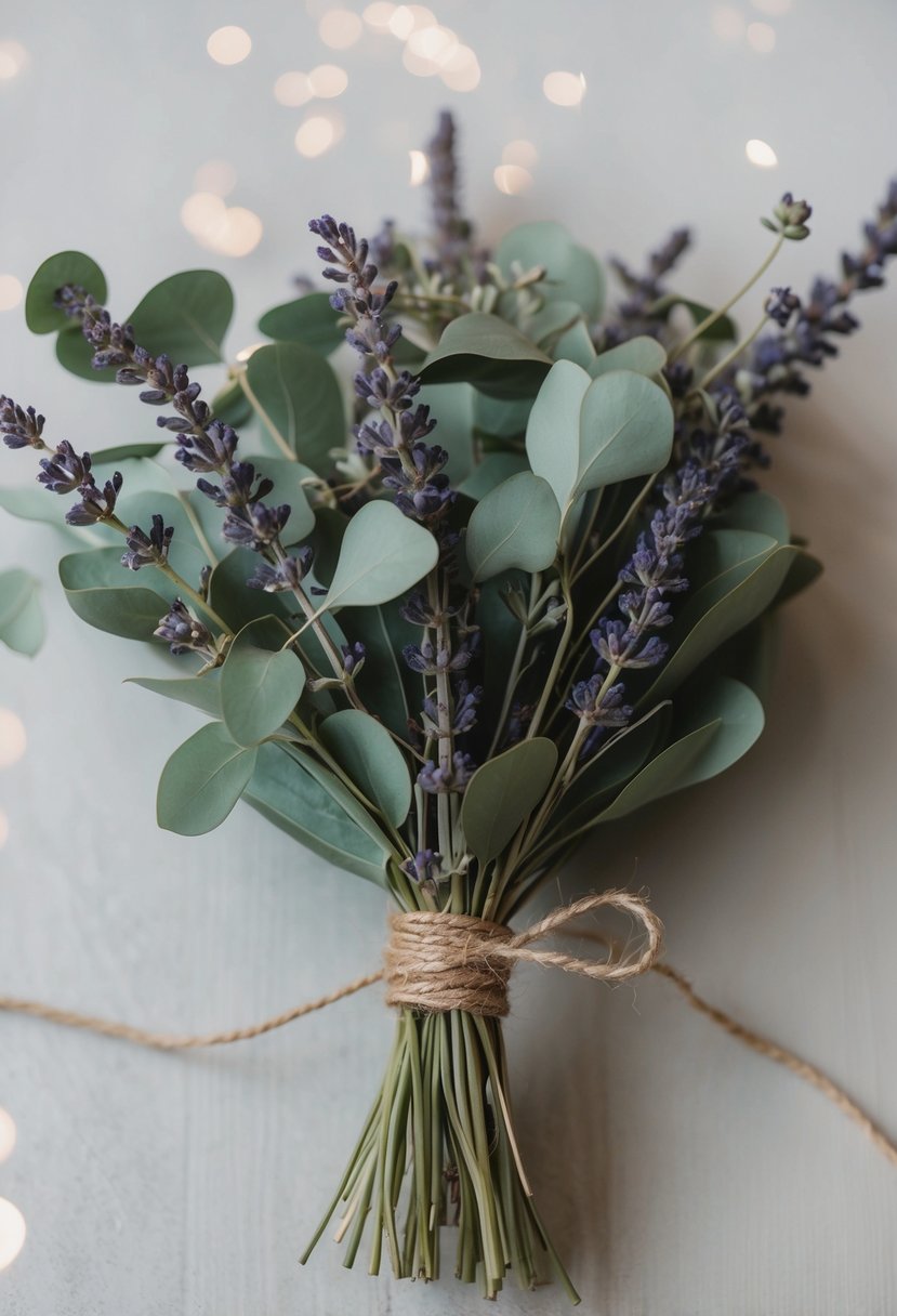 A bouquet of eucalyptus and lavender tied with twine