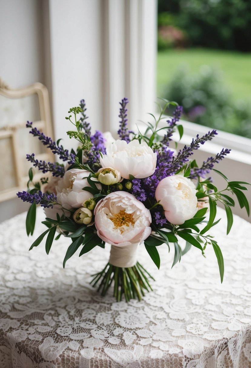 A vintage-inspired bouquet with peonies and lavender, accented with delicate greenery, sits on a lace-covered table