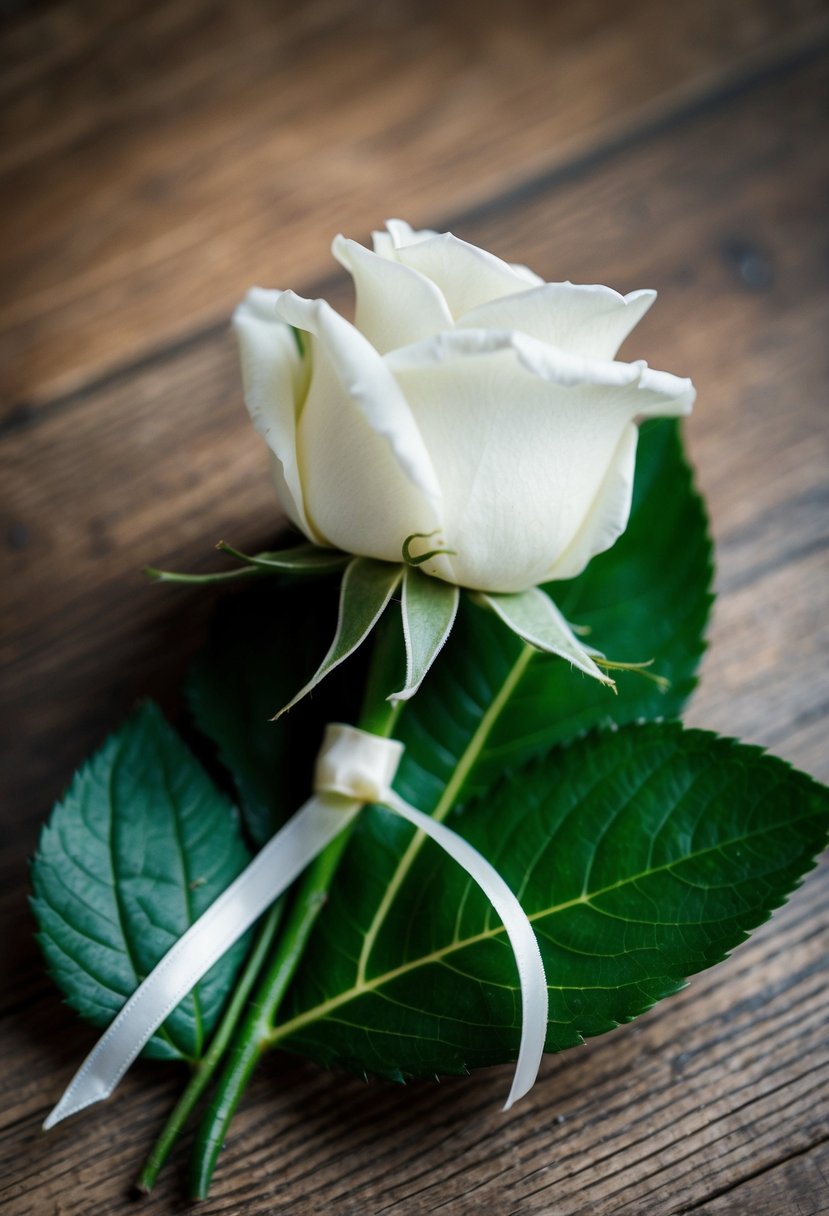 A single white rose buttonhole resting on a bed of green leaves, tied with a delicate ribbon