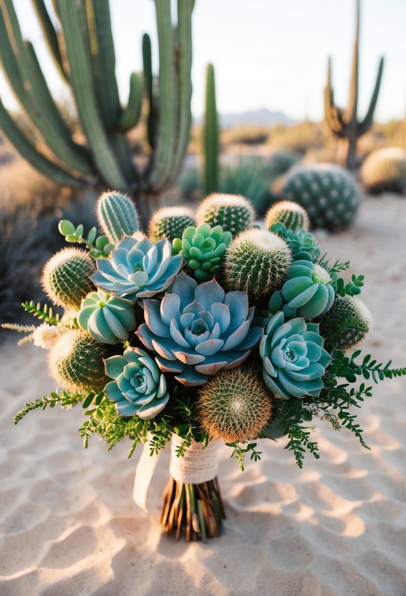 A desert chic wedding bouquet featuring succulents and cacti in various shapes and sizes, arranged in a natural and organic composition