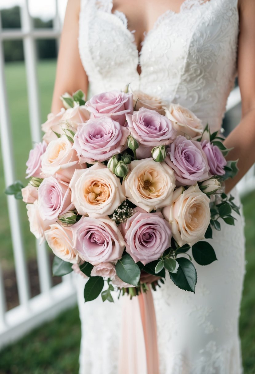 A pastel arrangement of lush roses in a wedding bouquet