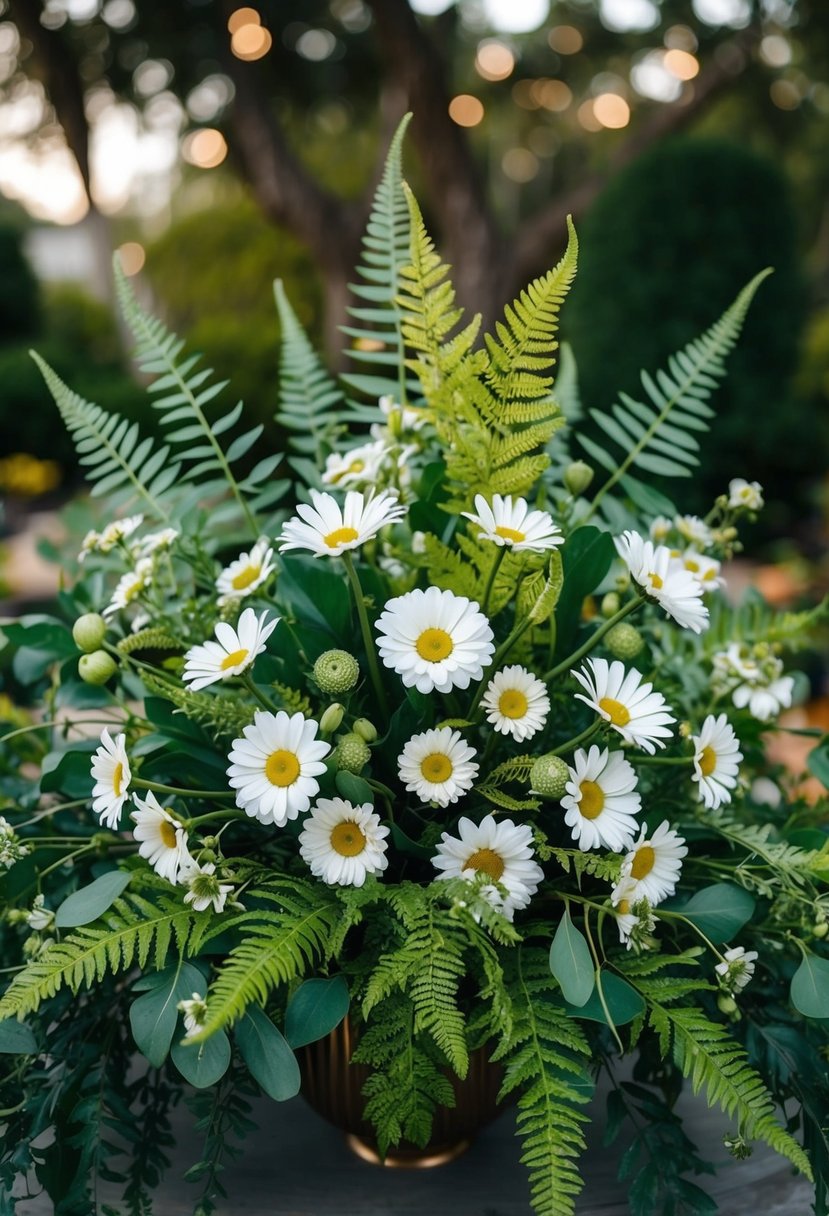 A lush, whimsical wonderland with daisies and ferns, perfect for a Vegas wedding bouquet