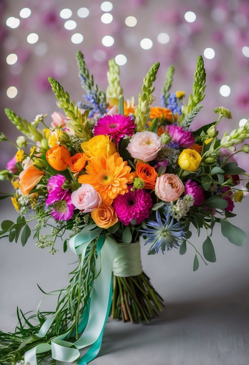 A vibrant bouquet of mixed flowers in bright, dreamy colors, arranged in a loose and romantic style, with trailing ribbons and greenery