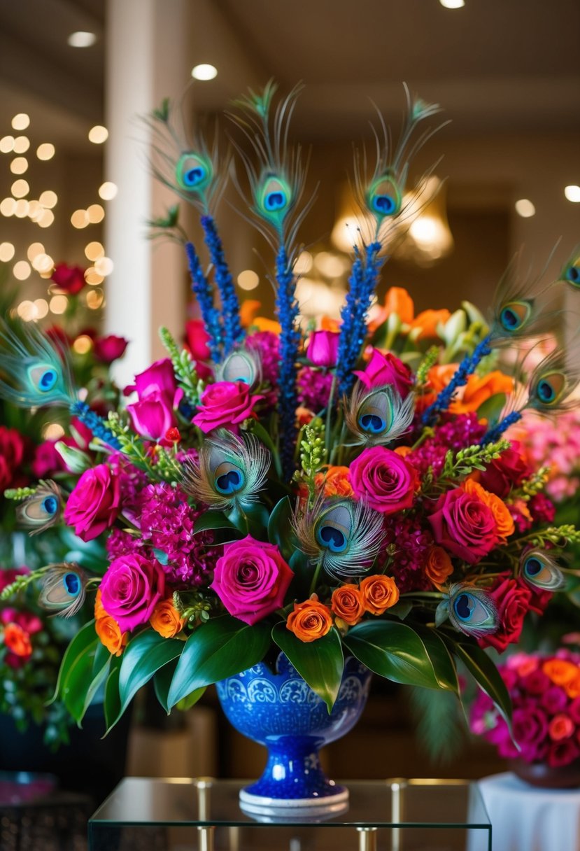 A vibrant bouquet of peacock-colored flowers arranged in an elegant display